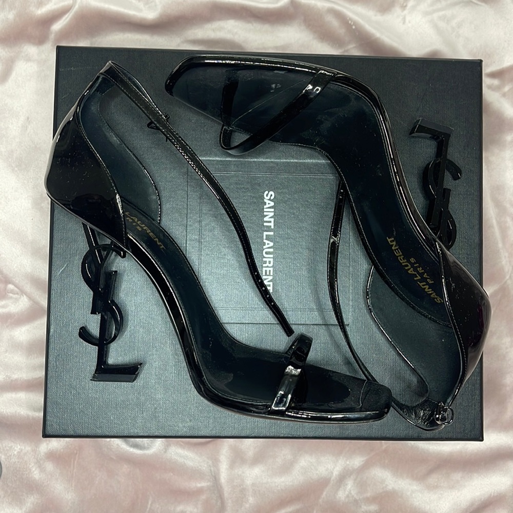 Opyum YSL black patent open toed heels